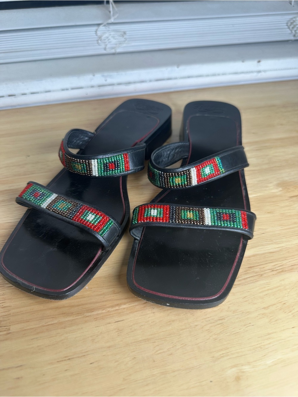 Brighton women’s size 8.5 Black Slide Sandals with Red, Green black Beadwork